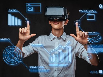 Man wearing VR headset using digital screen interface